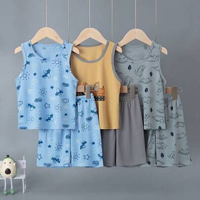 SHEIN 6pcs/Set Boys Cartoon Excavator/Dinosaur Print Vest & Shorts Pajama Set, Summer Lightweight Home Clothes
