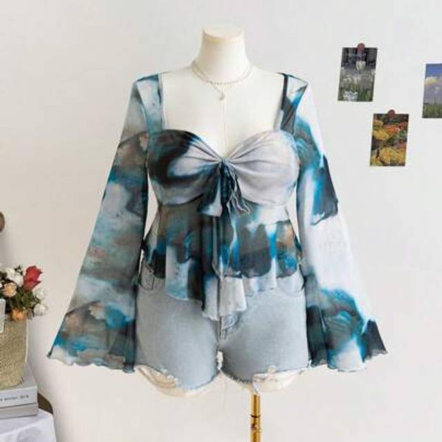 Soleia Plus Size Women Tie-Dye Floral Print Babydoll Top Collared Long Sleeve Blouse, Ideal For Vacation, Graduation, Back To School Season, Autumn