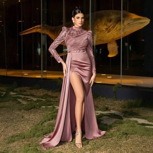SHEIN Luxurious Satin Maxi Evening Gown With Strand Beads & Sparkling Sequins â Elegant Charm For Red Carpet Events, Weddings, Glamorous Parties, Art Gall