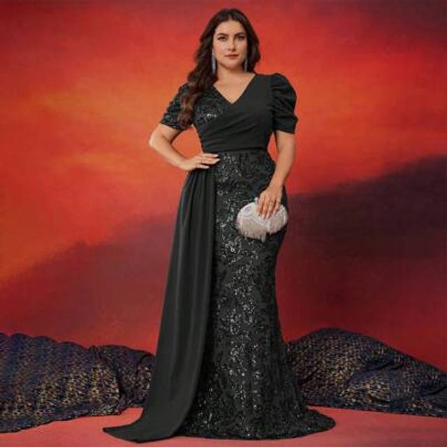 SHEIN Plus Size Women Elegant Sequins V-Neck Short Sleeve Fitted Formal Party Dress, Luxurious Mother Of The Bride Gown, Wedding Guest Dress, Evening Dress