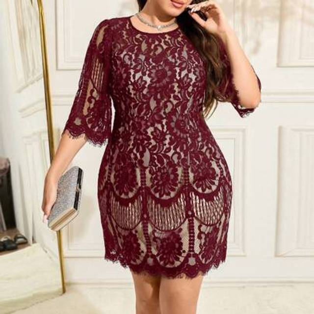SHEIN Plus Size Elegant Black Lace Party Dress, Little Black Dress