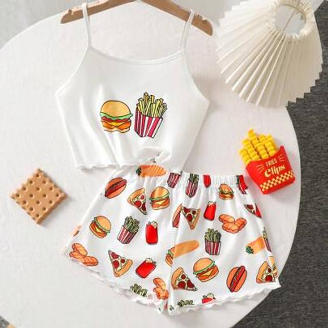 SHEIN Tween Girls Knit Graphic Print Cami Tank Top And Shorts Casual Loungewear Set