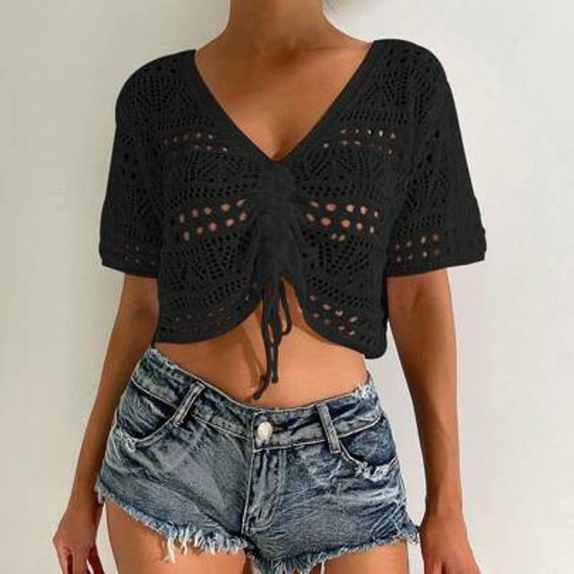 SHEIN Women&#39;s Summer Vacation Hollow-Out Drawstring Detail Knit Pullover Top