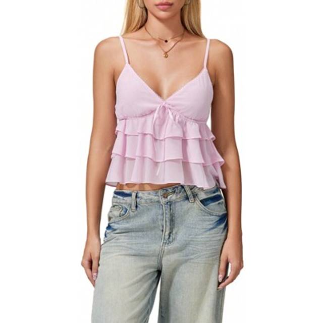 SHEIN Women Crop Camisoles Solid Color V-Neck Ruffles Spaghetti Strap Sleeveless Backless Tank Tops Summer Vests Tops