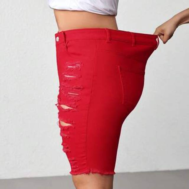 SHEIN Plus Size Red Denim Shorts High Elastic Denim Ripped Jeans Summer Casual Outfits Cowgirl Outfit,Curve Plus ,Hoho Vacation