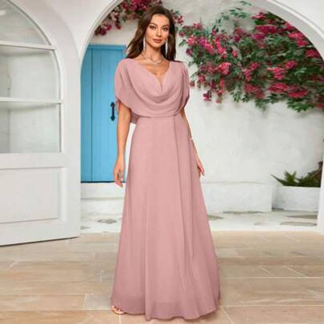 SHEIN Solid Color Chiffon Draped Neck Bridesmaid Dress