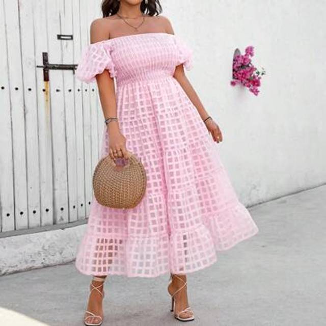 Franclia Plus Size Women&#39;s Elegant French Waist Cinched Off Shoulder Puff Sleeve Puffy A-Line Dress
