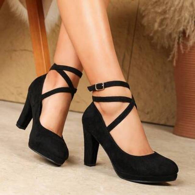 SHEIN Women&#39;s Elegant Solid Color Thick Heel Round Toe Pumps With Ankle Strap, Sexy Buckle Closure Formal Dress Shoes For Work, Catwalk, Black Suede Versati