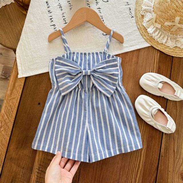SHEIN Babygirl Cute Casual Summer Blue & White Striped Bow Decor Spaghetti Strap Romper
