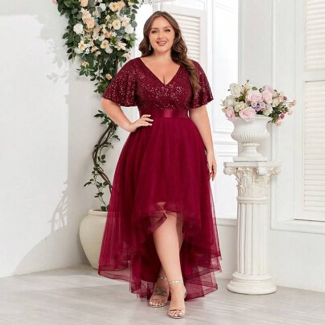 SHEIN Plus Size Contrast Sequin High Low Hem Mesh Evening Party Dress,Formal Wedding Guest Gown, For Graduation, Dinner