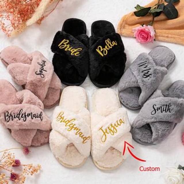 SHEIN Custom Bride Slippers, Fluffy Bridesmaid Slippers, Bride Slipper Personalized, Christmas Party Gift, Fluffy Slippers, Birthday Gift, Mother&#39;s Day Gift