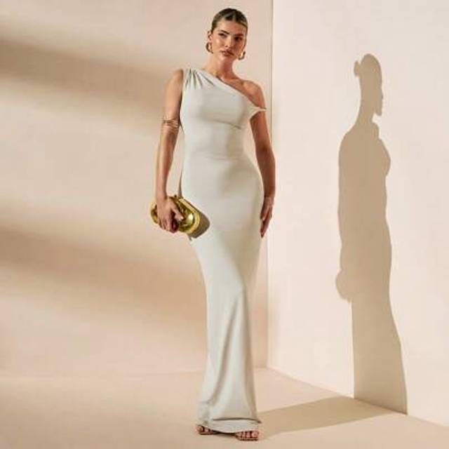 SHEIN Spring & Summer Solid White Sexy Asymmetrical Neck Twist Back Bodycon Dress, Elegant Dress, Vacation Dress, Bridesmaid Dress, Birthday Dress, Graduati