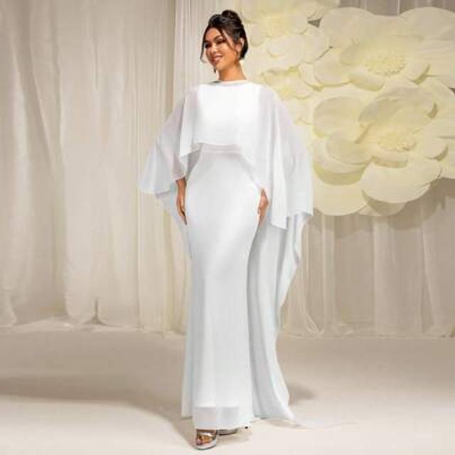SHEIN Summer Women Solid White Chiffon Patchwork Ruffle Hem Formal Evening Dress, Women Fashionable Casual Dress, Suitable For Parties, Wedding Guests, Open