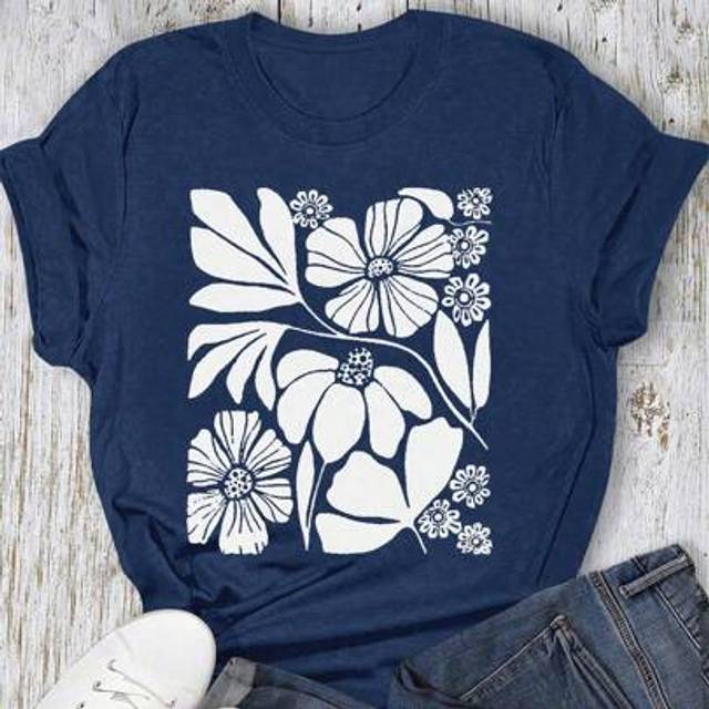 SHEIN Plus Size Floral Heat Transfer Print Casual Short Sleeve T-Shirt, Summer Graphic Tees Women Tops