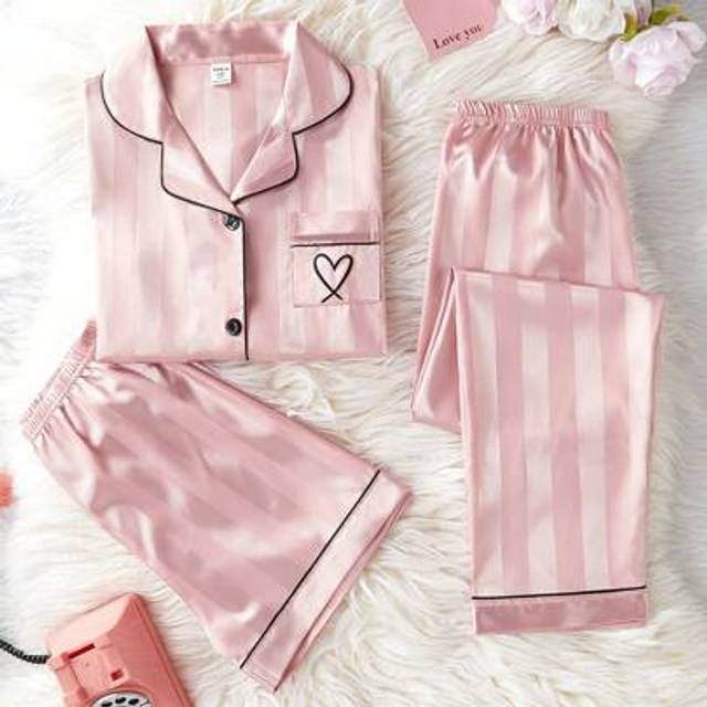 SHEIN 3pcs/Set Girls Casual Watermelon Print Striped Short Sleeve Cardigan, Shorts And Pants, Coordinated Loungewear