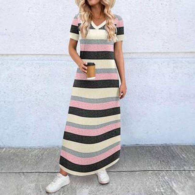 SHEIN Women V-Neck Striped Long Casual Short Sleeve Dress, Summer Maxi Women Outfit