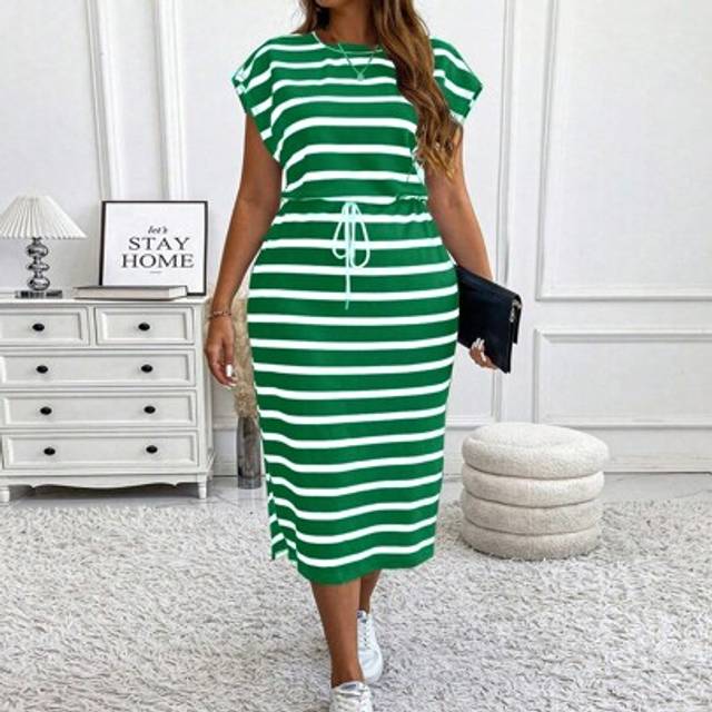Calvaya Plus Size Striped Crew Neck Capped Sleeve Bodycon Split Drawstring Midi Casual Dress, Autumn/Winter Maxi Women Outfit