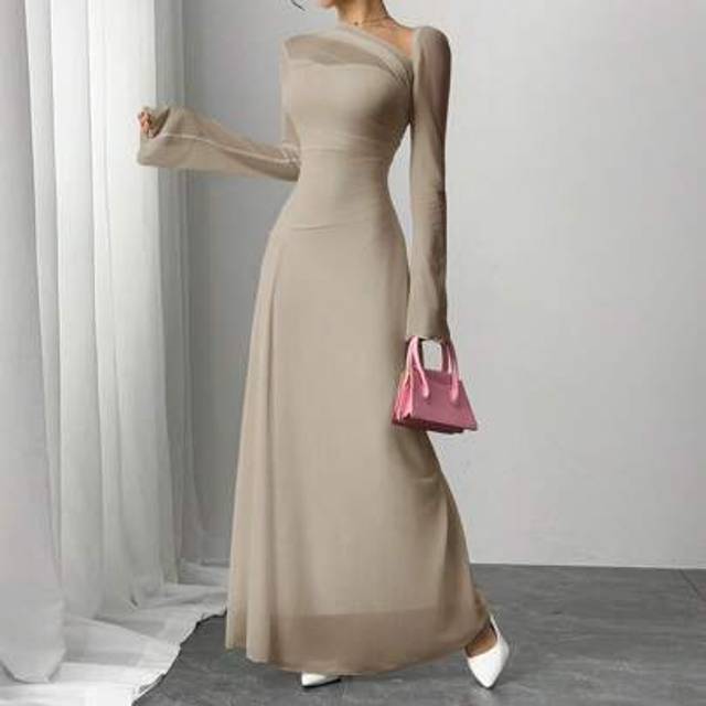 Siren Gaze Women&#39;s Solid Color Contrast Mesh Asymmetric Neck Long Sleeve Elegant Dress, Spring/Autumn Classy Dresses For Women Dresses For Women Elegant Women Fo