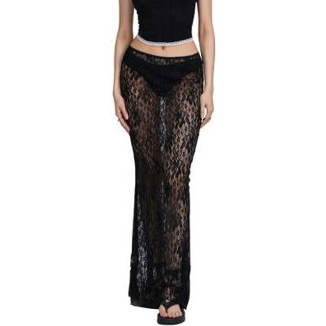SHEIN Women&#39;s Lace Long Skirts Vintage High Waist Solid Color See-Through Midi Skirts Slim Fit Skirts