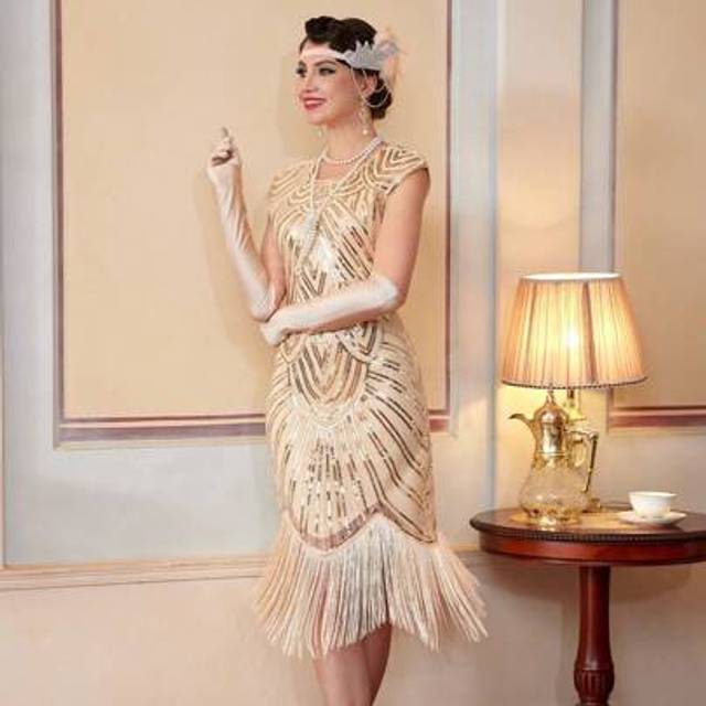 SHEIN Women&#39;s 1920s Vintage Sequined Round Neck Puff Sleeve Fringe Hem Fitted Party Dress, For Cocktail