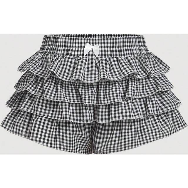 SHEIN Plus Size Casual Low-Waist Plaid Bodycon Ruffled Women&#39;s Ultra-Short Shorts Back To School Clothes Women Blue And White Boxer Shorts Simple Daily