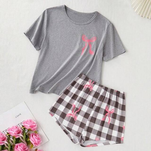 SHEIN 2pcs Teen Pajama Set, Grey Top With Contrast Pink Bow, Pink Butterfly & Heart Grid Print Shorts, Stretchy & Breathable Knit Fabric, Machine Washable,