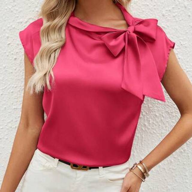SHEIN Women&#39;s Elegant Hot Pink Woven Fabric Blouse With Tie Neck And Cap Sleeves