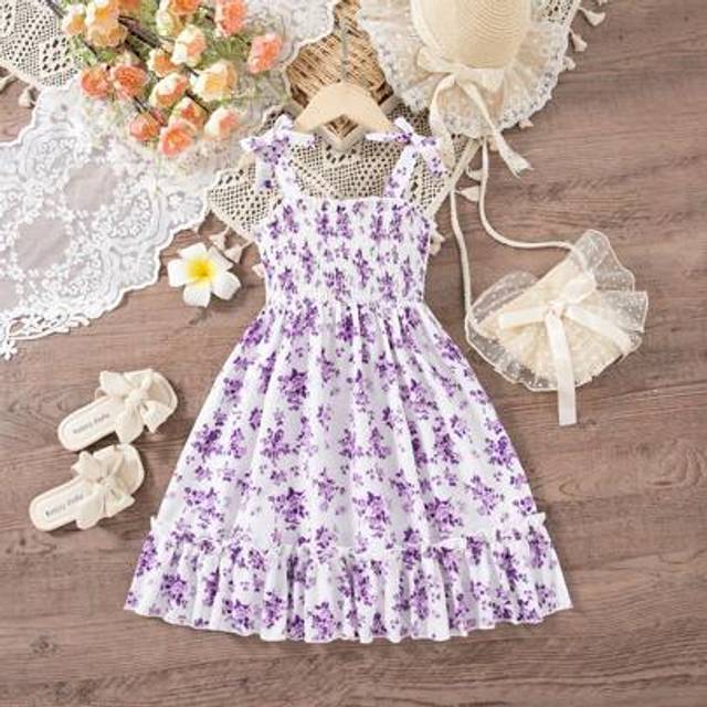 SHEIN Young Girl Flower Print Sleeveless Bowknot Ruffle Hem Dress