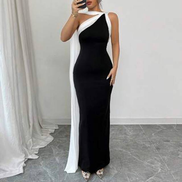 Rafferiza Elegant Black & White Contrast Color Elastic Fitted Mesh Ruffle Hem Long Dress For Women, Spring/Summer