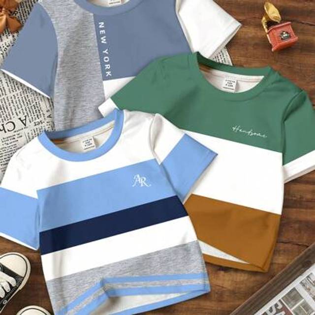 SHEIN 3pcs Baby Boy Casual Classic Stylish Color Block Mixed Graphic Print Round Neck Short Sleeve T-Shirts, Suitable For Summer