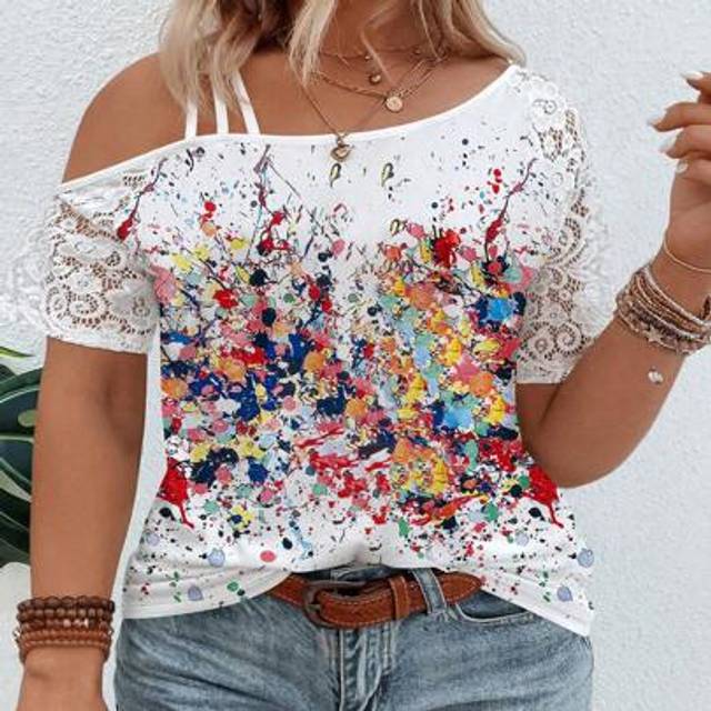 SHEIN Women Plus Size Asymmetrical Collar Lace Trim Tie Dye Print Short Sleeve T-Shirt, Casual
