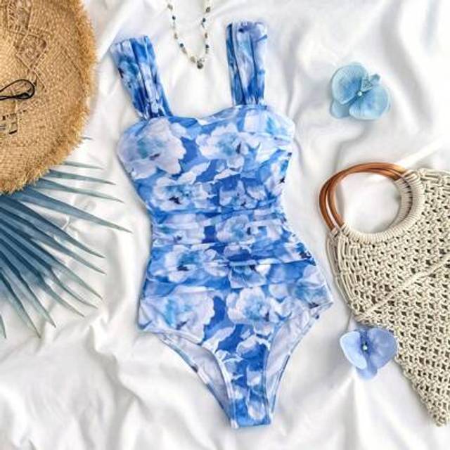 SHEIN Teen Girls&#39; Floral Print Crinkle Ruched One-Piece Swimsuit, Cute Design For Beach Holiday, Spring/Summer