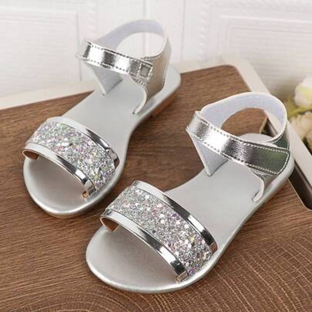 SHEIN 1 Pair Silver Plus Size Toddler Girls&#39; Flat Sandals With Colorful Sequins, Adjustable Hook And Loop Strap, Round Toe, Non-Slip, Fashion & Elegant Styl