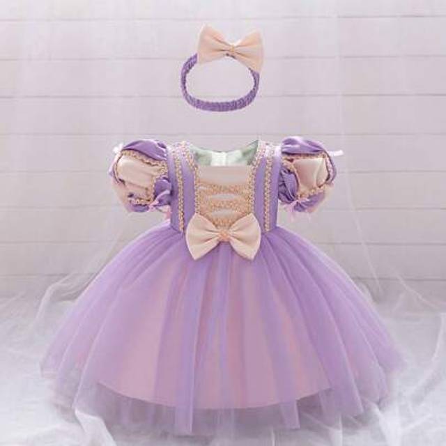 SHEIN Baby Girls&#39; Purple Puff Sleeve Embroidery Mesh Luxurious Princess Dress, Suitable For Party