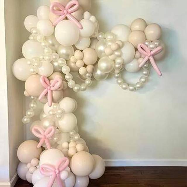 SHEIN 108 Pieces Of Retro Sand White Latex Balloon Garland Arch Kit With Pink Bow And Butterfly Decoration, Perfect For 14+Years Old, Birthday, Valentine&#39;s