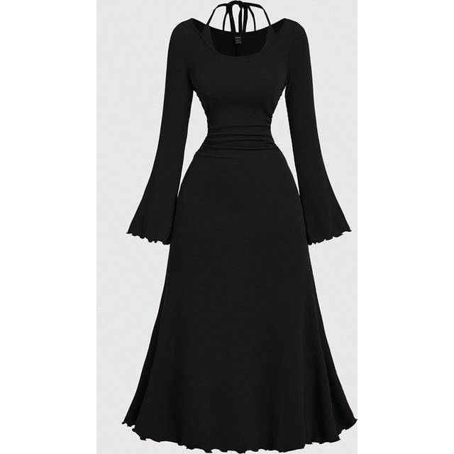SHEIN Women&#39;s Black Halter Fitted Long Sleeve Mermaid Hem Midi Dress