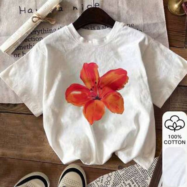 SHEIN Flower Print, Summer Women&#39;s 100% Cotton Short Sleeves, White Short Sleeves, Graphic T-Shirts, White Summer Clothes, Casual Summer Clothes, Cotton T-S