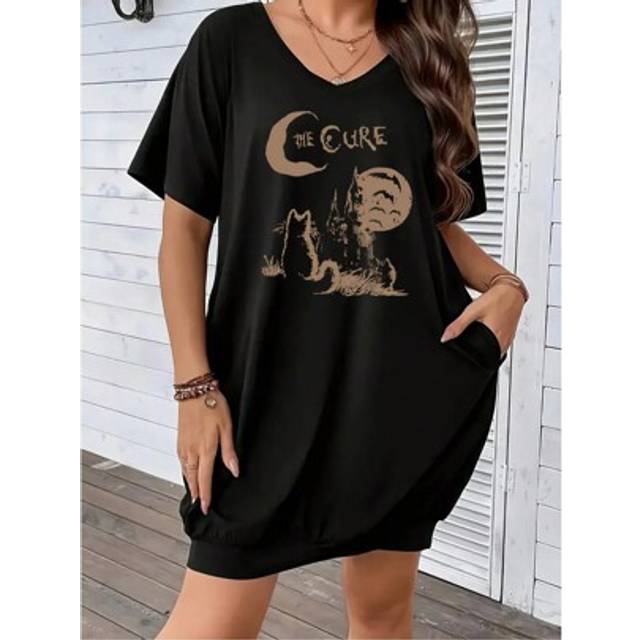 SHEIN Plus Size Women V-Neck Short Sleeve Casual T-Shirt Dress