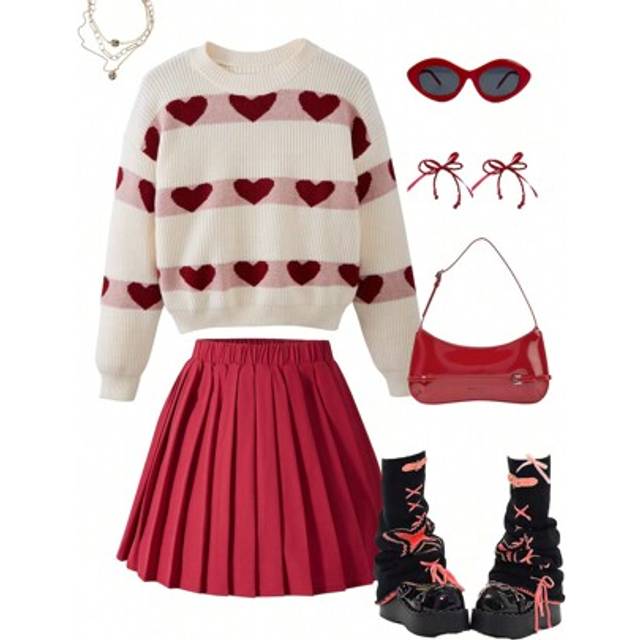 SHEIN Tween Girl Sweet Heart Print Long Sleeve Sweater & Skirt 2pcs Outfits, Warm For Christmas, New Year Holiday, Winter