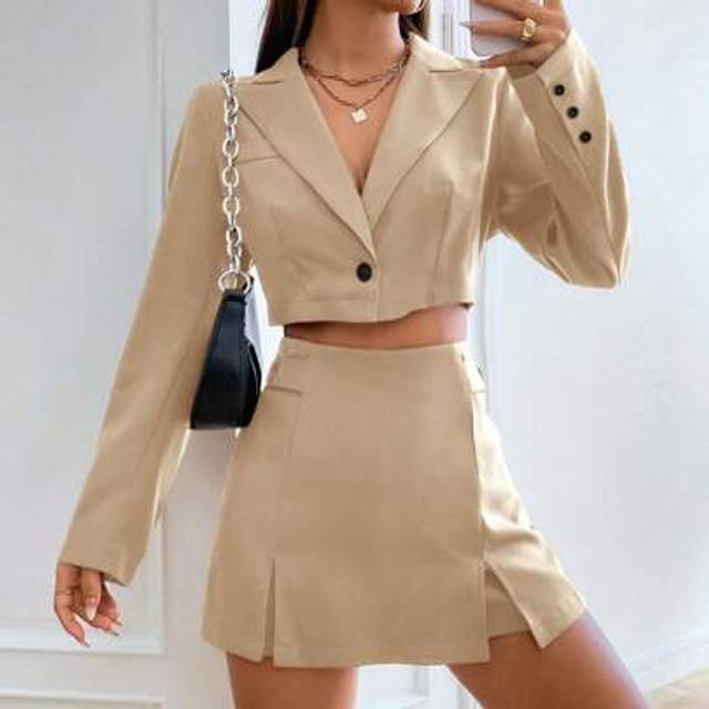 SHEIN Women Solid Color Long Sleeve V-Neck Short Suit Jacket & Skirt Set