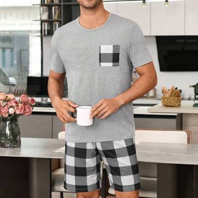 SHEIN Plaid Print Short Sleeve Shorts Men Pajama Set