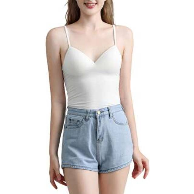 SHEIN Summer Tank Top For Women Built-In Shelf Bra Padded Camisole Top Shirt, Solid Color Slim-Fit Sling Deep V-Neck Pullover Yoga Tops