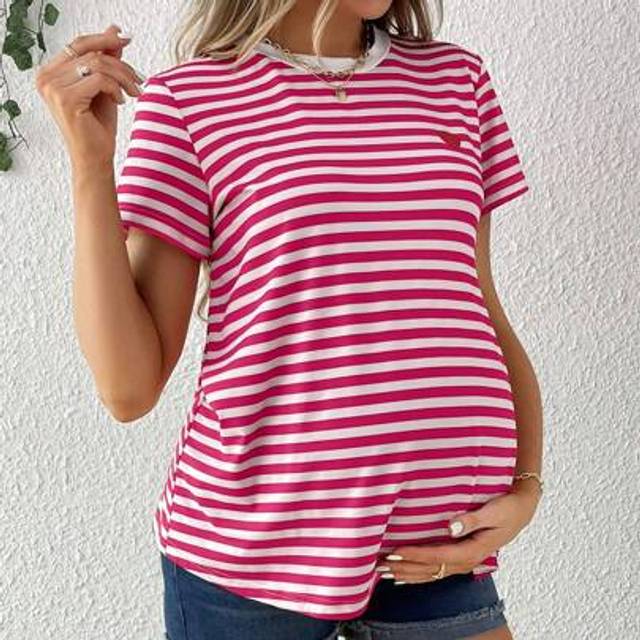 SHEIN Stripe Round Neck Short Sleeve Casual Versatile T-Shirt For Pregnant Women