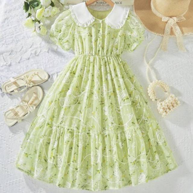 SHEIN Tween Girl Floral Print Peter Pan Collar Short Sleeve Chiffon Summer Dress