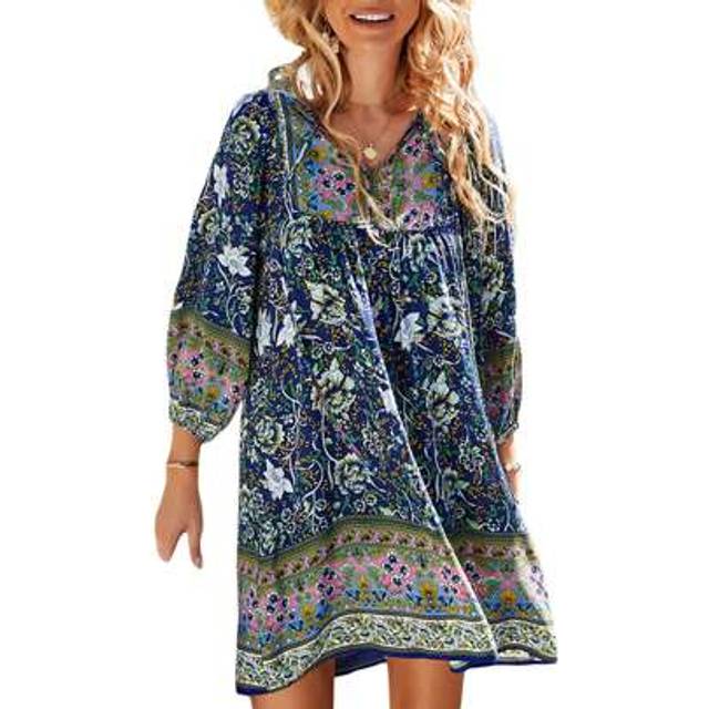 SHEIN Plus Size Womens Summer Short Beachwear Dress Long Sleeve V Neck Boho Vintage Floral Dress