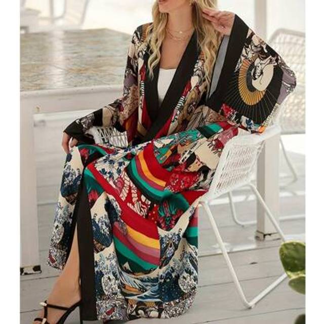 SHEIN Plus Size Bohemian Style Long Sleeve Open Front Kimono Cover Up, Vibrant Print, Lightweight Sheer Beach Cover-Up, Polyester Non-Stretch Fabric, Women