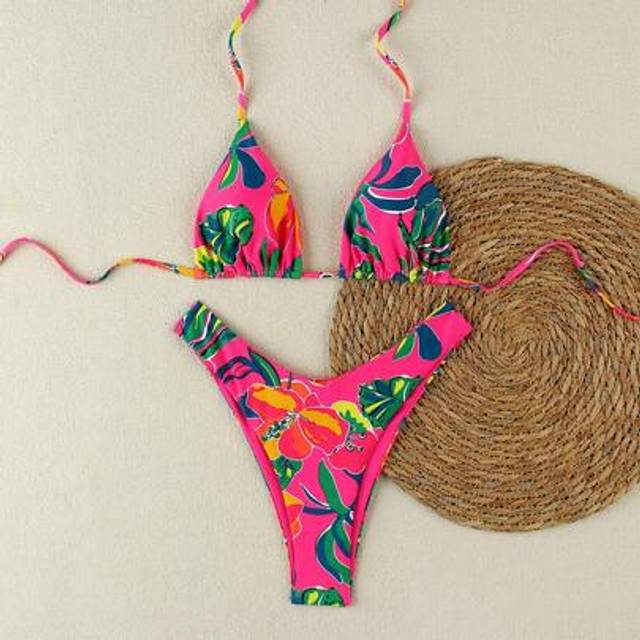 SHEIN Women&#39;s Tropical Plant Print Halter String Sexy Bikini Set