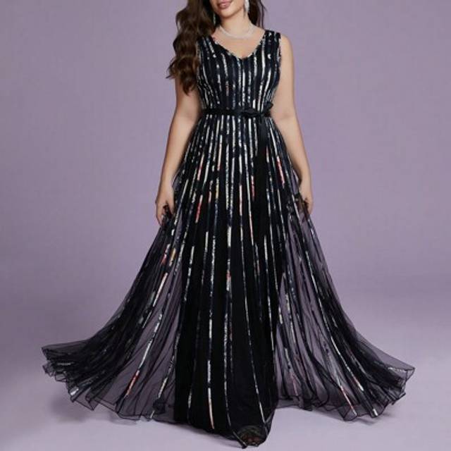 SHEIN Mgiacy Plus Size V-Neck Sleeveless Mesh Draped Maxi High-End Evening Dress Party Dress Wedding Guest Dress Formal Dress,Gown