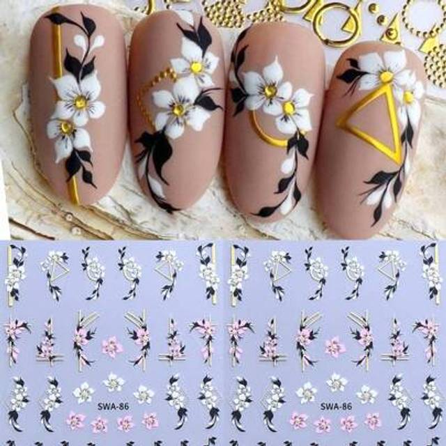 SHEIN 3D Metallic Hibiscus Flower Nail Stickers 2pcs White Pink Floral Petals Gold Geometric Lines DIY Spring Summer Manicure Designs Self-Adhesive Gel Poli