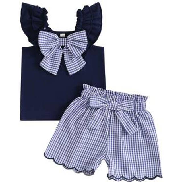 SHEIN Toddler Baby Girl Summer Clothes Set Sleeveless Ruffled Tank Tops Bow Decor Plaid Print Shorts Two-Pieces Sweatsuit